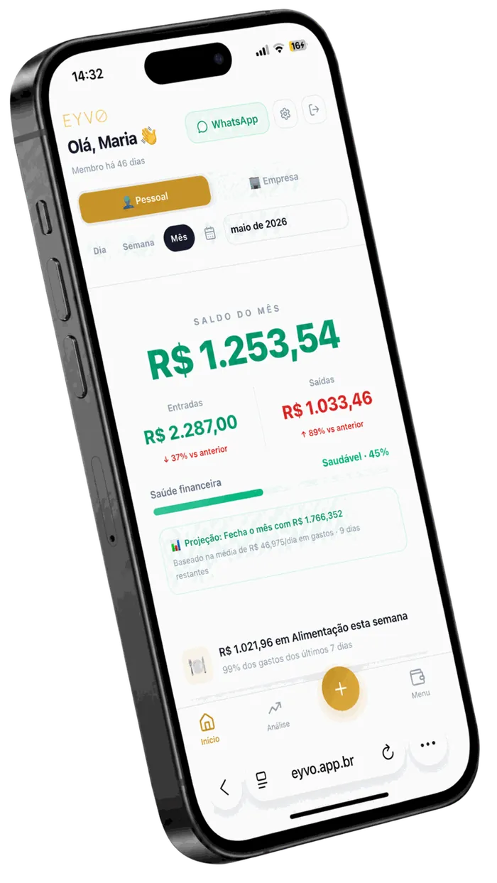 Painel do app EYVO com saldo do mes, entradas e saidas