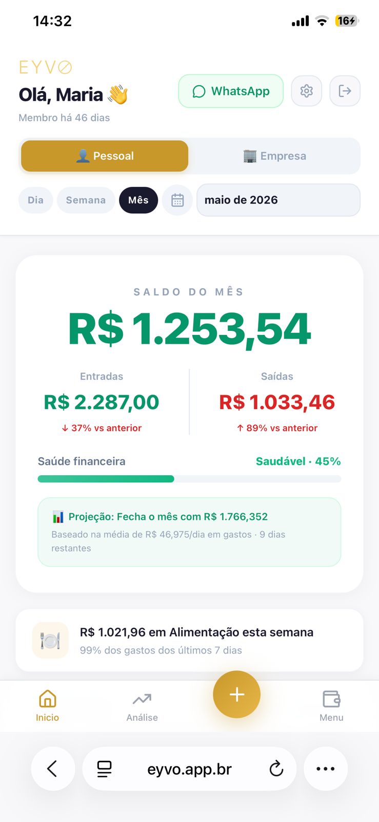 Dashboard principal da EYVO com saldo, receitas, despesas e projeção do mês
