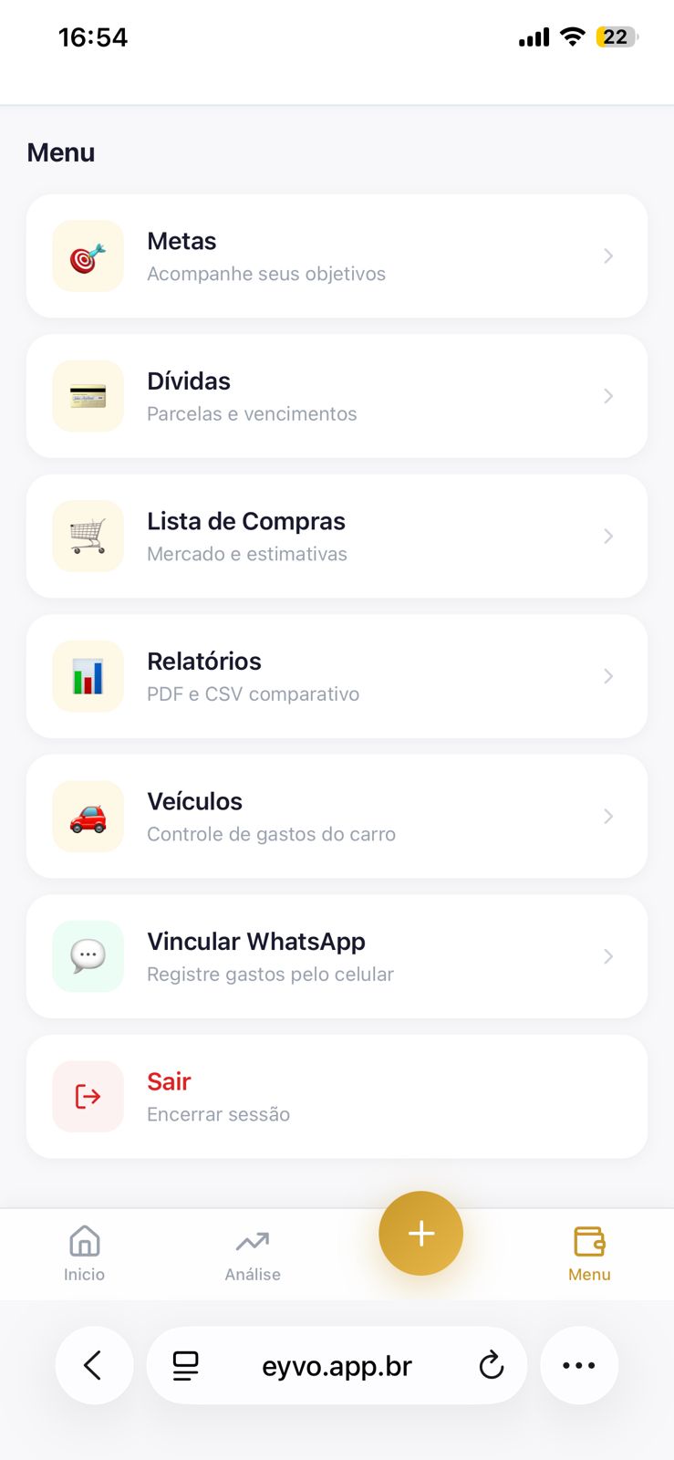 Menu da EYVO com metas, dívidas, lista de compras, relatórios e WhatsApp
