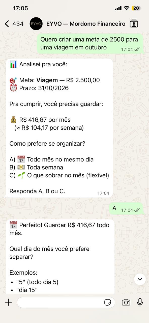 Conversa no WhatsApp criando uma meta financeira pela EYVO