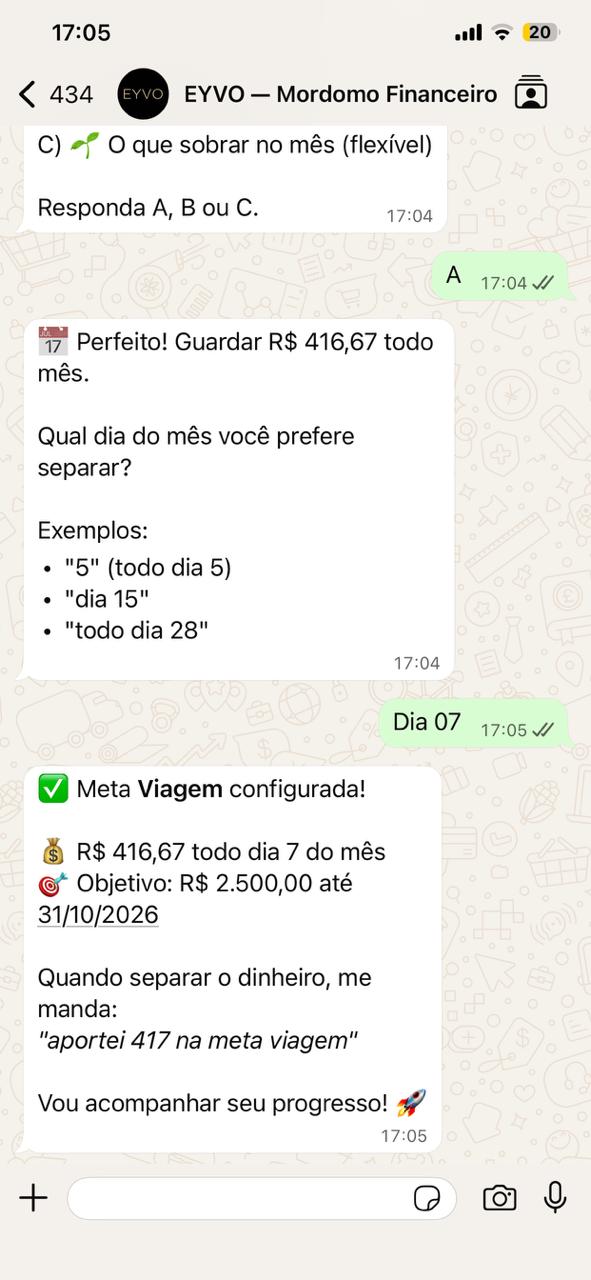 Meta configurada no WhatsApp com valor mensal e prazo