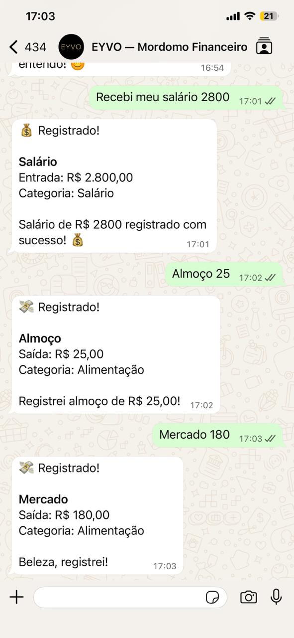Registro automático de salário e gastos pelo WhatsApp da EYVO